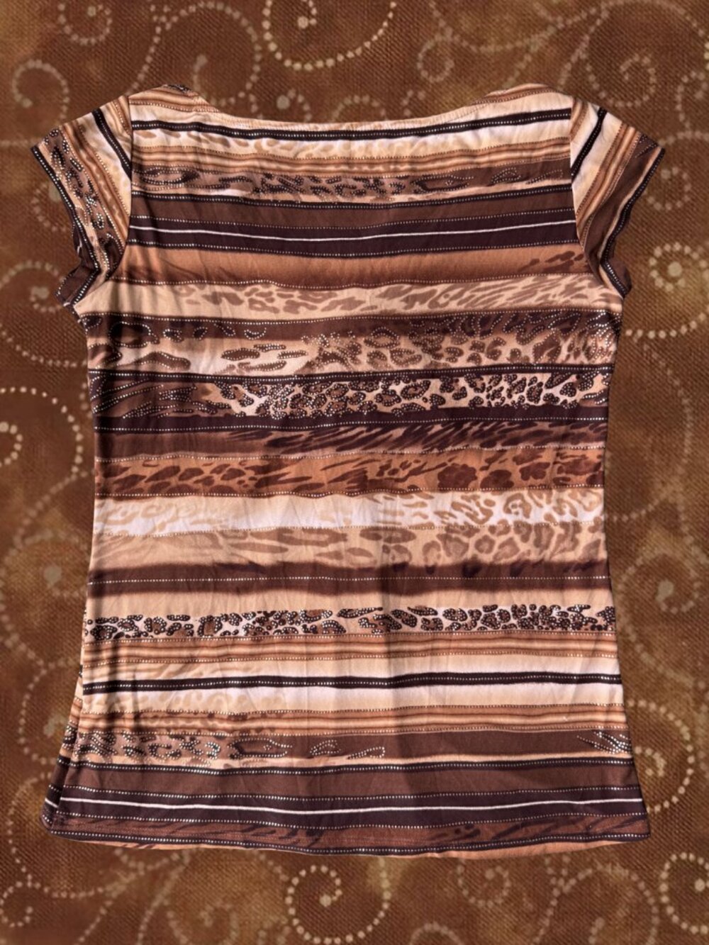 VINTAGE Brown Animal Print Knot Front Top Bianca Nygard Cap Sleeve Blouse Top - Picture 2 of 3